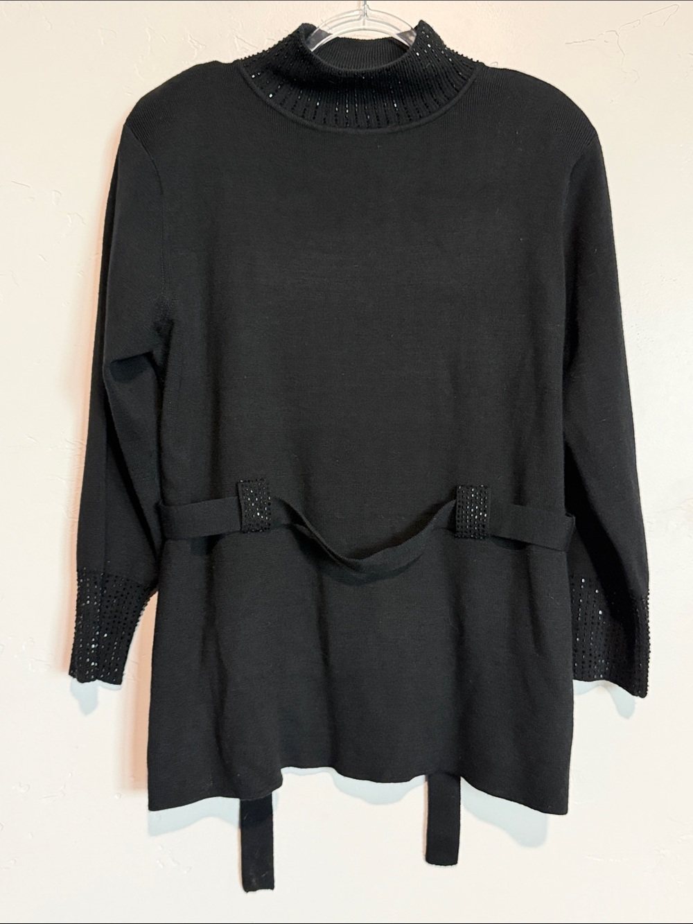 Adrianna Papell Wool Blend Belted Black Knit Mock Neck Sweater